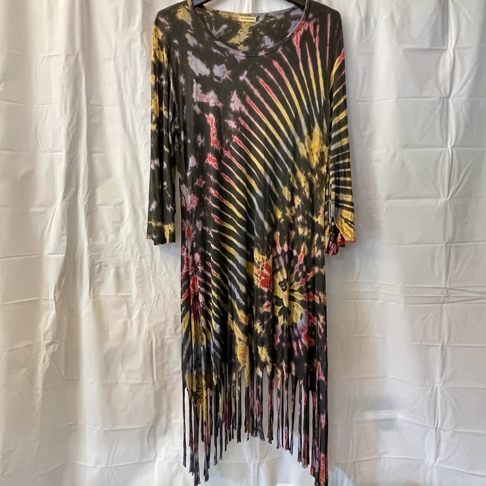 Windhorse Women Sz L/XL Midi Dress Fringe Sunburst Tie Dye Boho Lagenlook Artsy